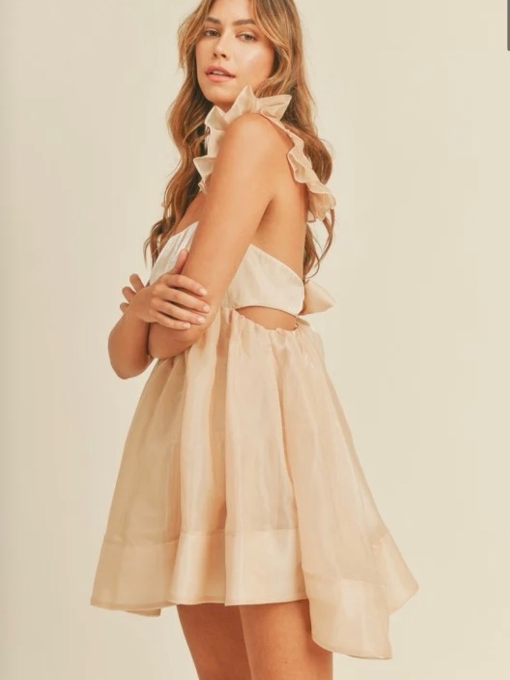 Rose & Remington Women’s Champagne Shimmer Organza Babydoll Mini Dress Large - Picture 3 of 13